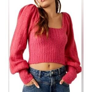 Free People Katie Pullover pink sweater puff sleeves $98 retail small